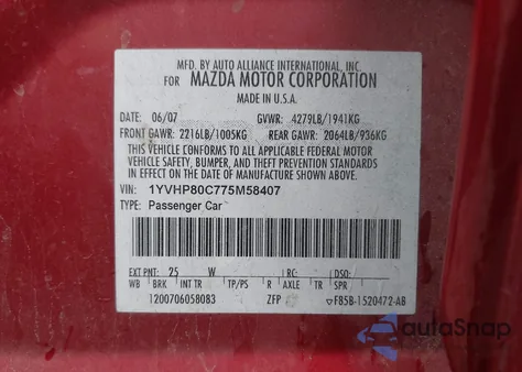 2007 Mazda Mazda6 I Sport Ve из США, поврежденный, VIN 1YVHP80C775M58407